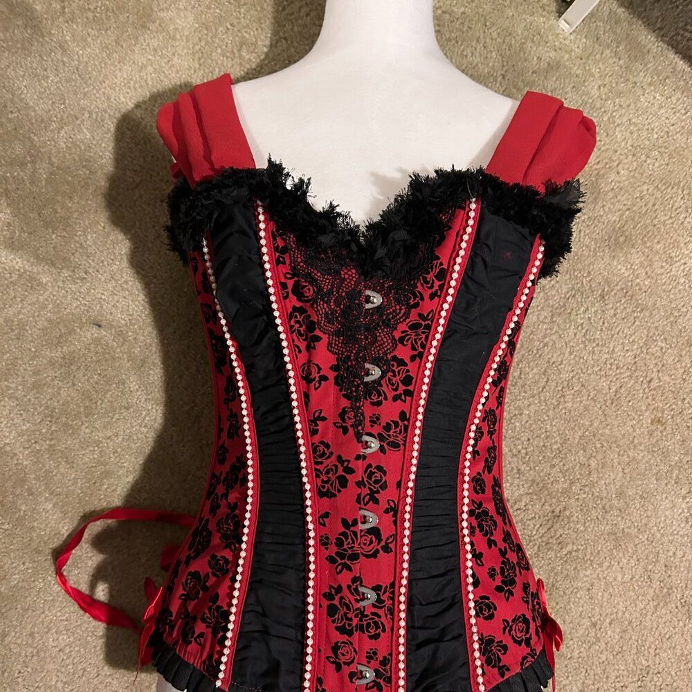 Hot Topic Red Black Floral Lace Corset Top Frill Ribbon Goth Whimsigoth